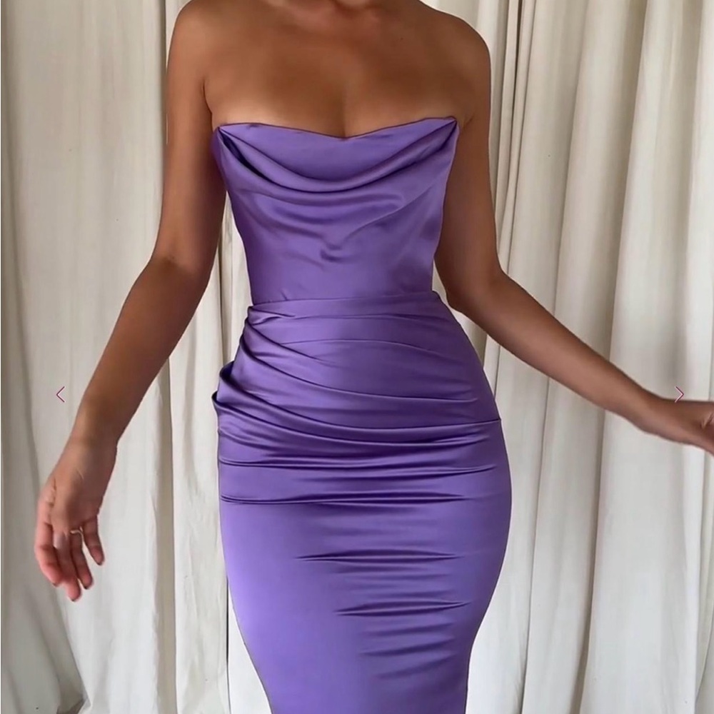 House of CB Santana Lavender Strapless Satin Cowl Midi Dress